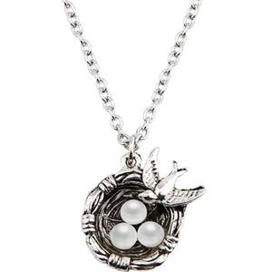 New Womens Vintage Inspired Silver Mama Bird W 3 Pearl Eggs 3 Kids Nest Necklace